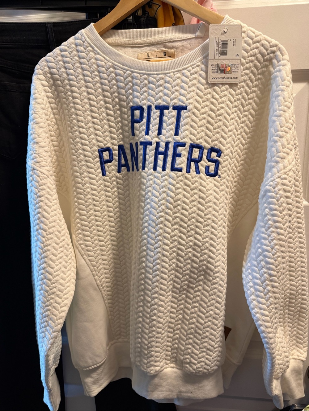 Pressbox White Quilted Crewneck Sweatshirt with Blue 'Pitt Panthers' Embroidery